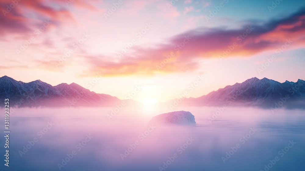 Iceberg melting concept. A breathtaking sunrise over misty mountains, casting vibrant colors into the sky. Iceberg melting concept. A breathtaking sunrise over misty mountains, casting vibrant colors into the sky.