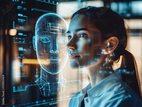Innovative ai interaction female scientist engaging with digital avatar in high-tech lab futuristic environment close-up perspective