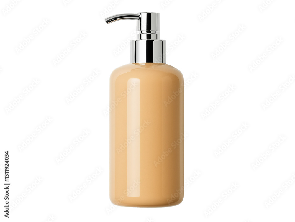 PNG cut out isolated background. A sleek and modern conditioner bottle with a pump dispenser, featuring a glossy finish in a neutral beige tone. PNG cut out isolated background. A sleek and modern conditioner bottle with a pump dispenser, featuring a glossy finish in a neutral beige tone.