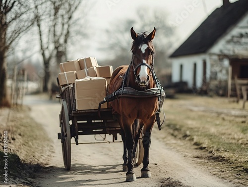 Horse-drawn cart delivering packages rural road photography natural environment side view transportation concept