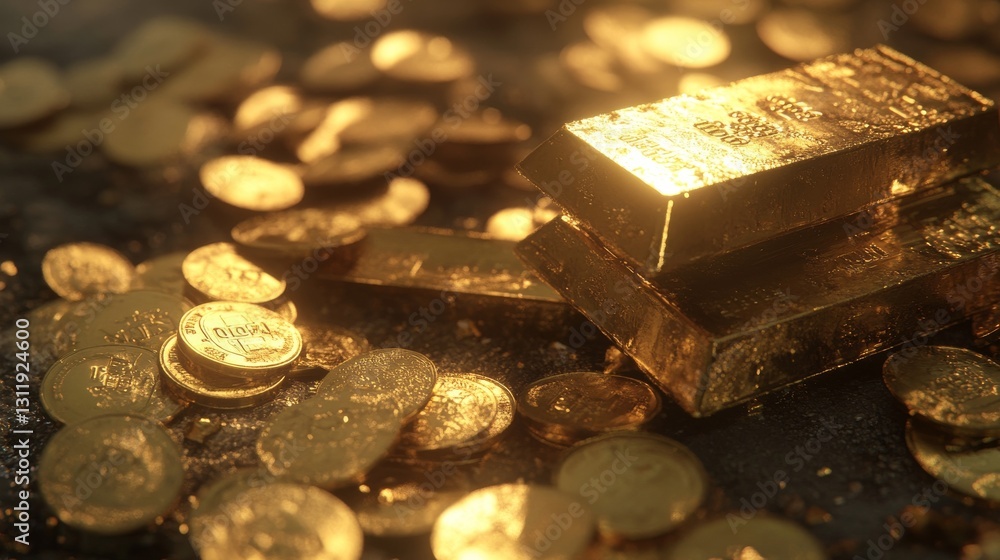 A close-up view of shiny gold bars and scattered coins, illuminated by warm, glowing light. The image highlights the richness and luxurious appeal of the gold, creating a sense of wealth and opulence A close-up view of shiny gold bars and scattered coins, illuminated by warm, glowing light. The image highlights the richness and luxurious appeal of the gold, creating a sense of wealth and opulence