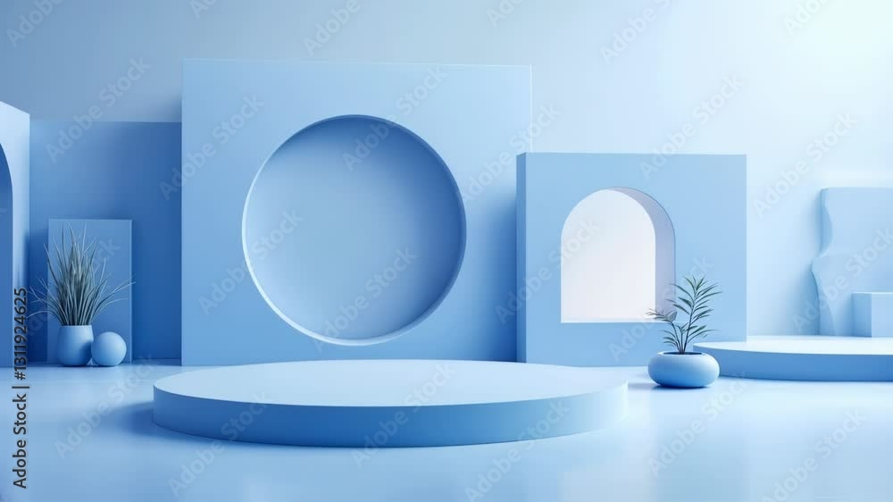 Minimalist Light Blue Product Display Platform with Geometric Shapes