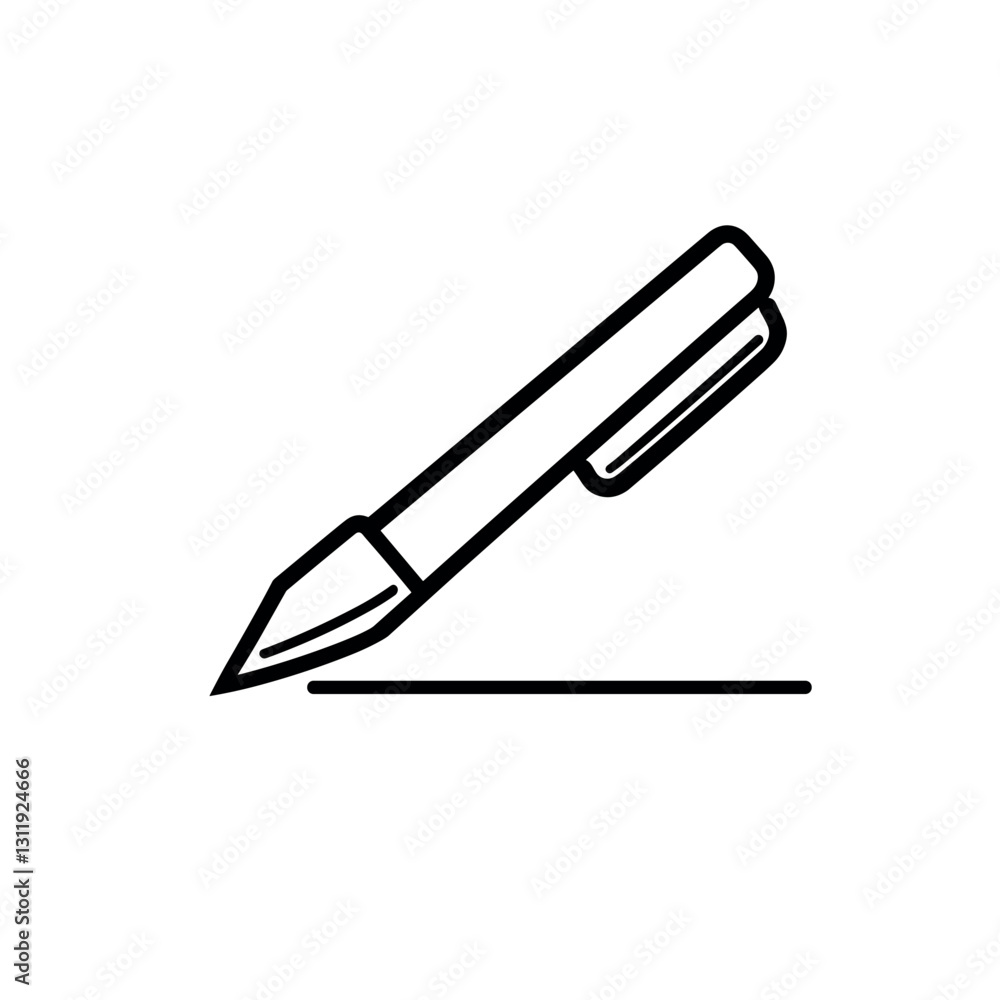 Pen writing on paper, simple, white background, black line, line icon style
Pen writing on paper, simple, white background, black line, line icon style