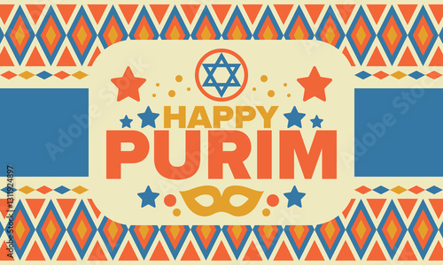 Purim. Happy Purim. Traditional Jewish religious holiday. Star of David, Carnival mask. Israel history. Сelebrated by a masquerade and festival. Poster art. Vector illustration