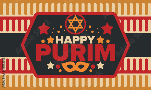 Purim. Happy Purim. Traditional Jewish religious holiday. Star of David, Carnival mask. Israel history. Сelebrated by a masquerade and festival. Poster art. Vector illustration