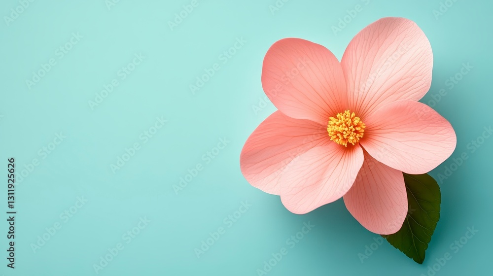 Delicate Pink Flower on Soft Blue Background with Gentle Shadows Delicate Pink Flower on Soft Blue Background with Gentle Shadows