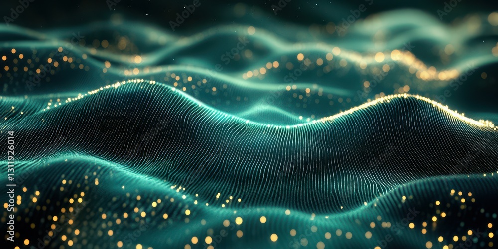 Digital landscape of wavy forms illuminated by shimmering particles during nighttime Digital landscape of wavy forms illuminated by shimmering particles during nighttime