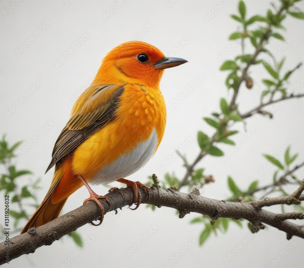 Fototapeta premium Orange bird perched on a branch isolated on white background, perch, wildlife