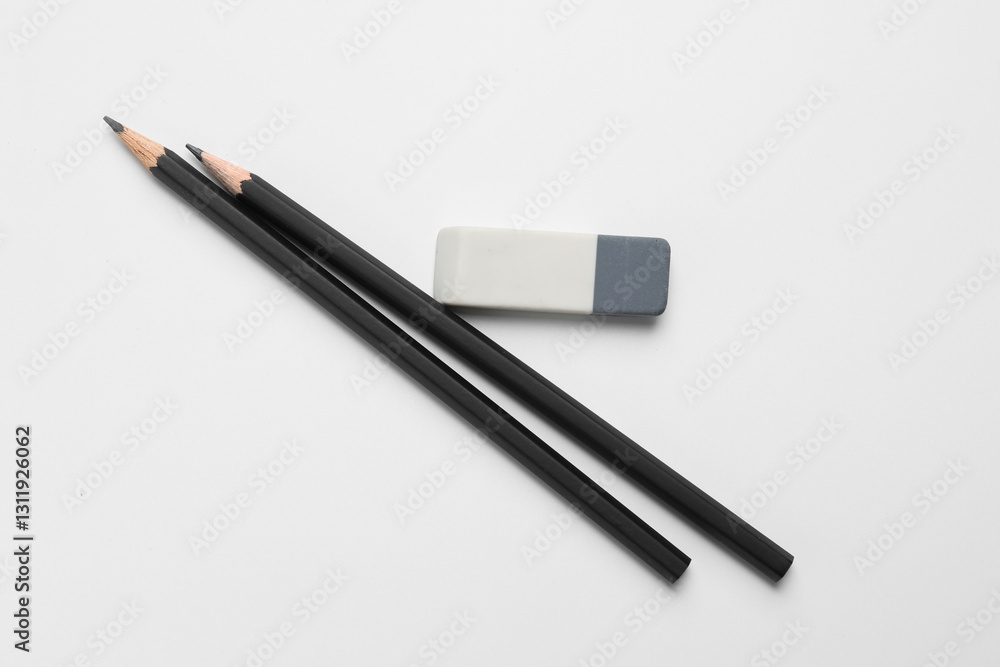Eraser and pencils on white background, flat lay Eraser and pencils on white background, flat lay