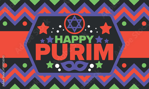 Purim. Happy Purim. Traditional Jewish religious holiday. Star of David, Carnival mask. Israel history. Сelebrated by a masquerade and festival. Poster art. Vector illustration