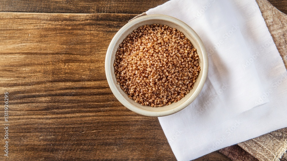 Bowl of Long-Grain Brown Rice on Wooden Table, Top View Flat Lay, Close-Up, White Napkin, Copy Space, High-Resolution, Detailed, Isolated Background Bowl of Long-Grain Brown Rice on Wooden Table, Top View Flat Lay, Close-Up, White Napkin, Copy Space, High-Resolution, Detailed, Isolated Background
