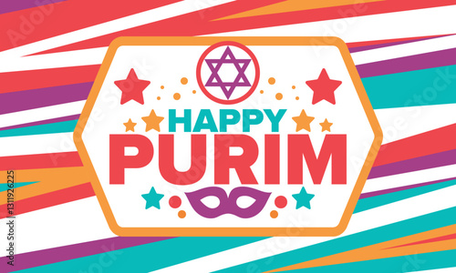 Purim. Happy Purim. Traditional Jewish religious holiday. Star of David, Carnival mask. Israel history. Сelebrated by a masquerade and festival. Poster art. Vector illustration