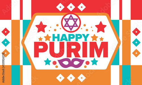 Purim. Happy Purim. Traditional Jewish religious holiday. Star of David, Carnival mask. Israel history. Сelebrated by a masquerade and festival. Poster art. Vector illustration