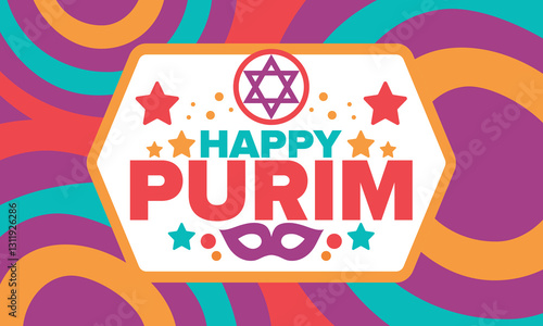 Purim. Happy Purim. Traditional Jewish religious holiday. Star of David, Carnival mask. Israel history. Сelebrated by a masquerade and festival. Poster art. Vector illustration