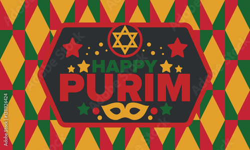 Purim. Happy Purim. Traditional Jewish religious holiday. Star of David, Carnival mask. Israel history. Сelebrated by a masquerade and festival. Poster art. Vector illustration