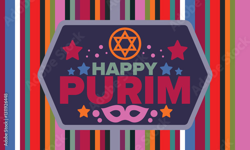 Purim. Happy Purim. Traditional Jewish religious holiday. Star of David, Carnival mask. Israel history. Сelebrated by a masquerade and festival. Poster art. Vector illustration