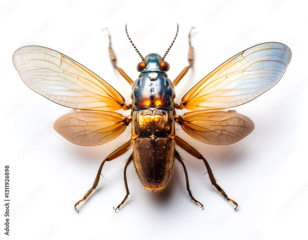 A detailed photograph of a winged insect with translucent wings and a metallic sheen against a clean white background A detailed photograph of a winged insect with translucent wings and a metallic sheen against a clean white background