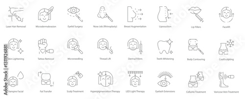 Plastic Surgery and Aesthetic Procedures Icons | Liposuction, Breast Augmentation, Microneedling, and More