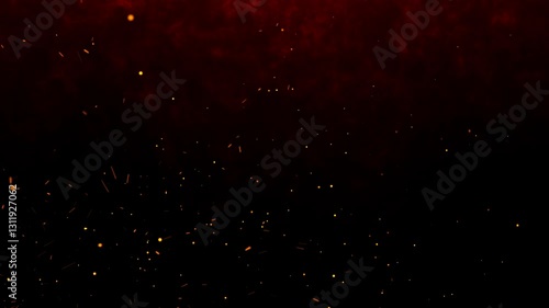 Fiery orange glowing flying ember particles on black background. Burning red hot sparks rise from light fire loop background of bonfire.