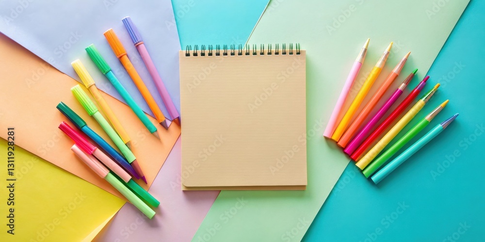 Fototapeta premium Blank Spiral Notebook Surrounded by Vibrant Colored Markers and Pencils on a Pastel Background