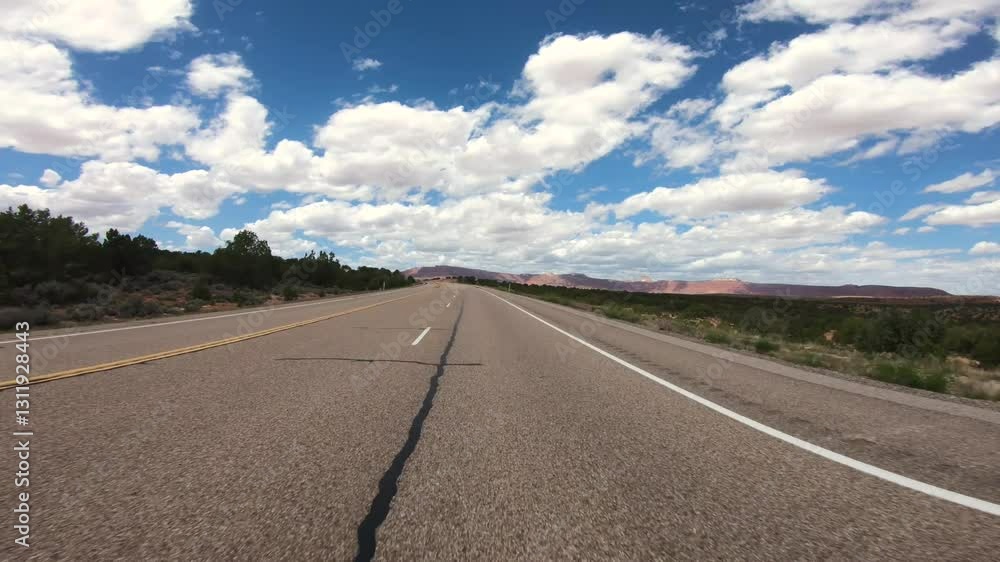 Driving Plate Front Facing POV Utah Desert Car Driving Action Camera Kanab America Desert Highway Blue Sky Clouds Driving Plate Front Facing POV Utah Desert Car Driving Action Camera Kanab America Desert Highway Blue Sky Clouds