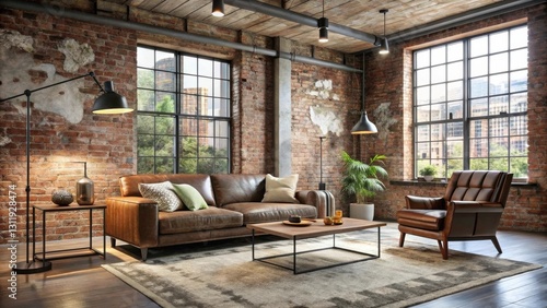 Wallpaper Mural Rustic Industrial Loft Apartment Living Room Design with Leather Furniture and Large Windows Torontodigital.ca