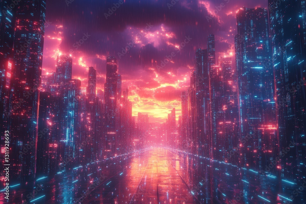 Explore a mesmerizing futuristic cyber cityscape at night, featuring dazzling illuminated skyscrapers and a vibrant urban landscape. Explore a mesmerizing futuristic cyber cityscape at night, featuring dazzling illuminated skyscrapers and a vibrant urban landscape.