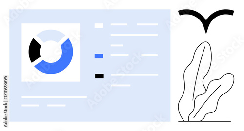 Pie chart with legend on data dashboard, abstract leaf shapes, and a bird silhouette. Ideal for business, analysis, statistics, ecology, infographics nature minimalism. Flat simple metaphor