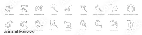 Cellulite Treatment, Laser Hair Removal, Lip Fillers, Vampire Facial, Rhinoplasty, Hyperpigmentation Therapy, and Microneedling Vector Icon Set