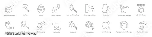 Microdermabrasion, Lip Fillers, Facelift, Cellulite Treatment, Rhinoplasty, Breast Augmentation, and Teeth Whitening Vector Icon Set