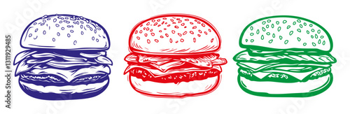 three colorful artistic illustrations of burgers with detailed design. For advertisements, culinary-themed projects or packaging designs.