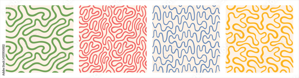 Continuous twisted line seamless repeat vector patterns set. Fluid curved wriggling endless wavy stripe. Liquid funky organic ornaments, groovy square backgrounds. Doodle uneven hand drawn waves lines