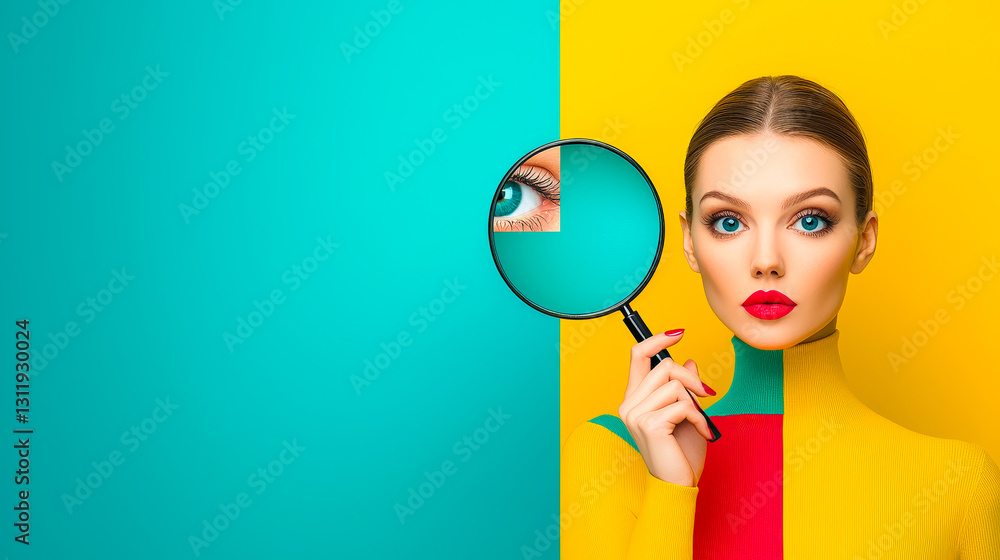 Woman holding magnifying glass in a colorful studio showcasing vibrant makeup and fashion details Woman holding magnifying glass in a colorful studio showcasing vibrant makeup and fashion details