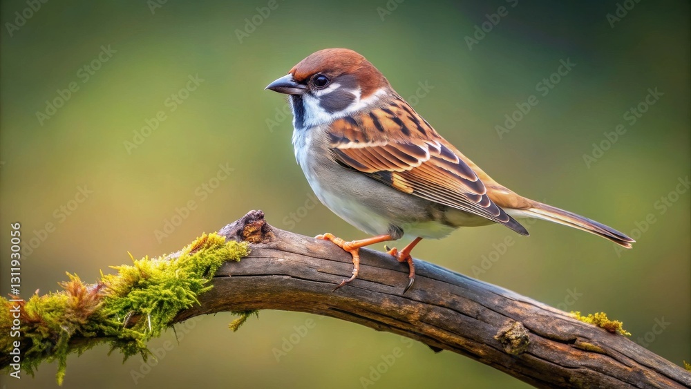 A small passerine bird perched on a mossy branch, showcasing its intricate plumage and vibrant colors in a natural setting A small passerine bird perched on a mossy branch, showcasing its intricate plumage and vibrant colors in a natural setting