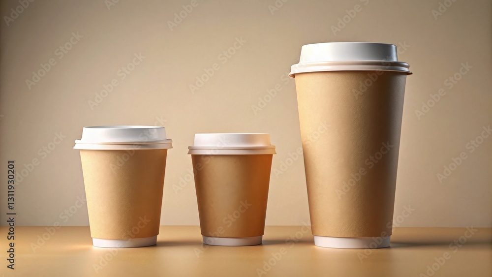Three kraft paper cups with white lids, arranged in ascending size order on a neutral background Three kraft paper cups with white lids, arranged in ascending size order on a neutral background