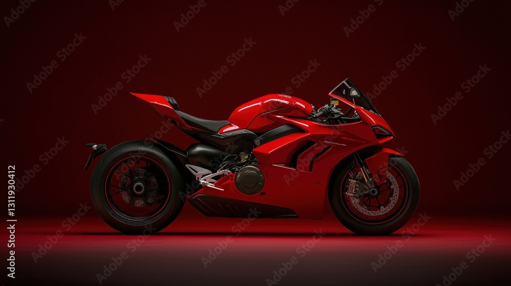 Sleek red superbike on red background.