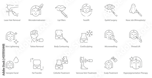 Laser Hair Removal, Microdermabrasion, Lip Fillers, Facelift, Eyelid Surgery, Rhinoplasty, and Skin Rejuvenation Vector Icon Set