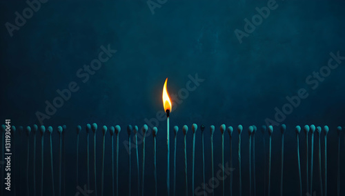 A single lit match stands out against an array of unlit matches.