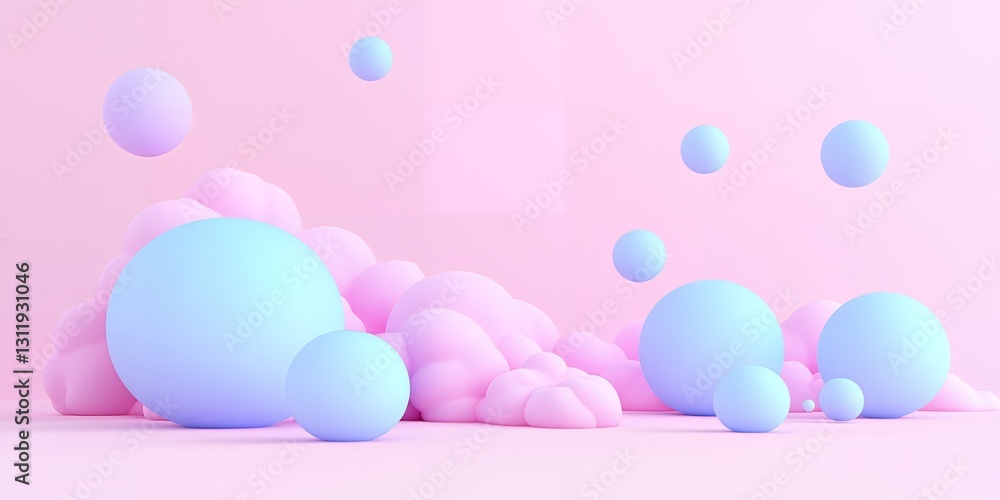 Pastel Pink and Blue 3D Abstract Background with Floating Spheres and Clouds Pastel Pink and Blue 3D Abstract Background with Floating Spheres and Clouds