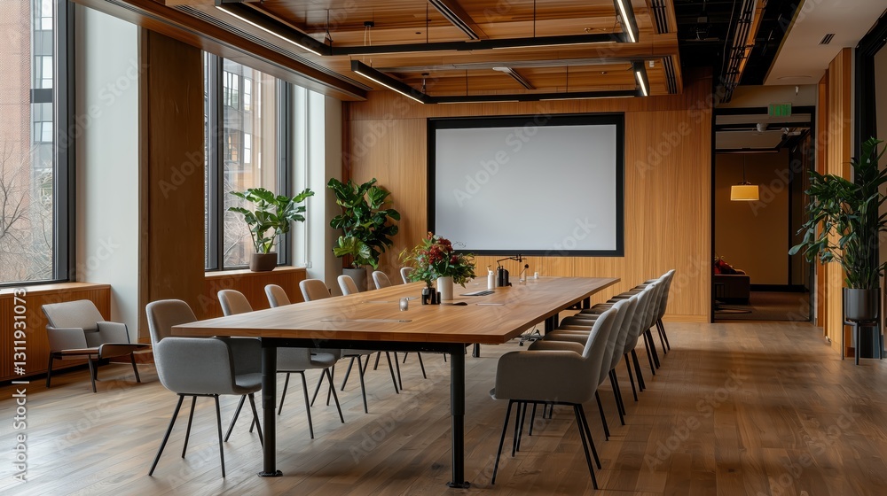 Modern Conference Room with Long Wooden Table and Comfortable Chairs in Bright Urban Office Space Surrounded by Green Plants Modern Conference Room with Long Wooden Table and Comfortable Chairs in Bright Urban Office Space Surrounded by Green Plants