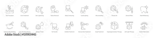 Hair Transplant, Acne Treatment, Skin Lightening, Tattoo Removal, Body Contouring, Microneedling, and Teeth Whitening Vector Icon Set