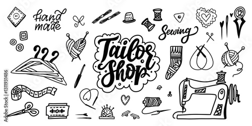 Tailor Shop Doodle Drawings of Sewing Tools and Accessories, Including a Sewing Machine, Spools, Needles, and Tape Measure, Perfect for Tailoring, Creativity, and Crafting Themes. EPS 10