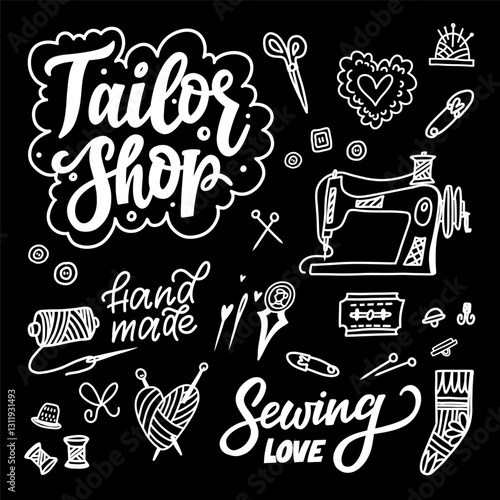 Creative Sewing Shop Design with Hand-Drawn Elements on Black Background Featuring Vintage Lettering, Sewing Tools, and Handmade Graphics. Perfect for crafting and tailoring projects