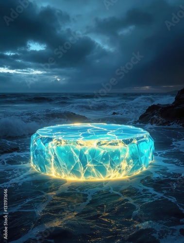 AI Generated Futuristic Luminous Object by Ocean Waves for Social Media Ads, Product Display, and Digital Marketing
