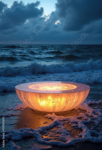 AI Generated Futuristic Luminous Object by Ocean Waves for Social Media Ads, Product Display, and Digital Marketing
