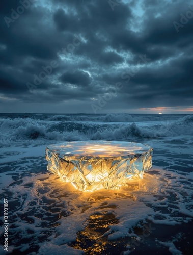 AI Generated Futuristic Luminous Object by Ocean Waves for Social Media Ads, Product Display, and Digital Marketing
