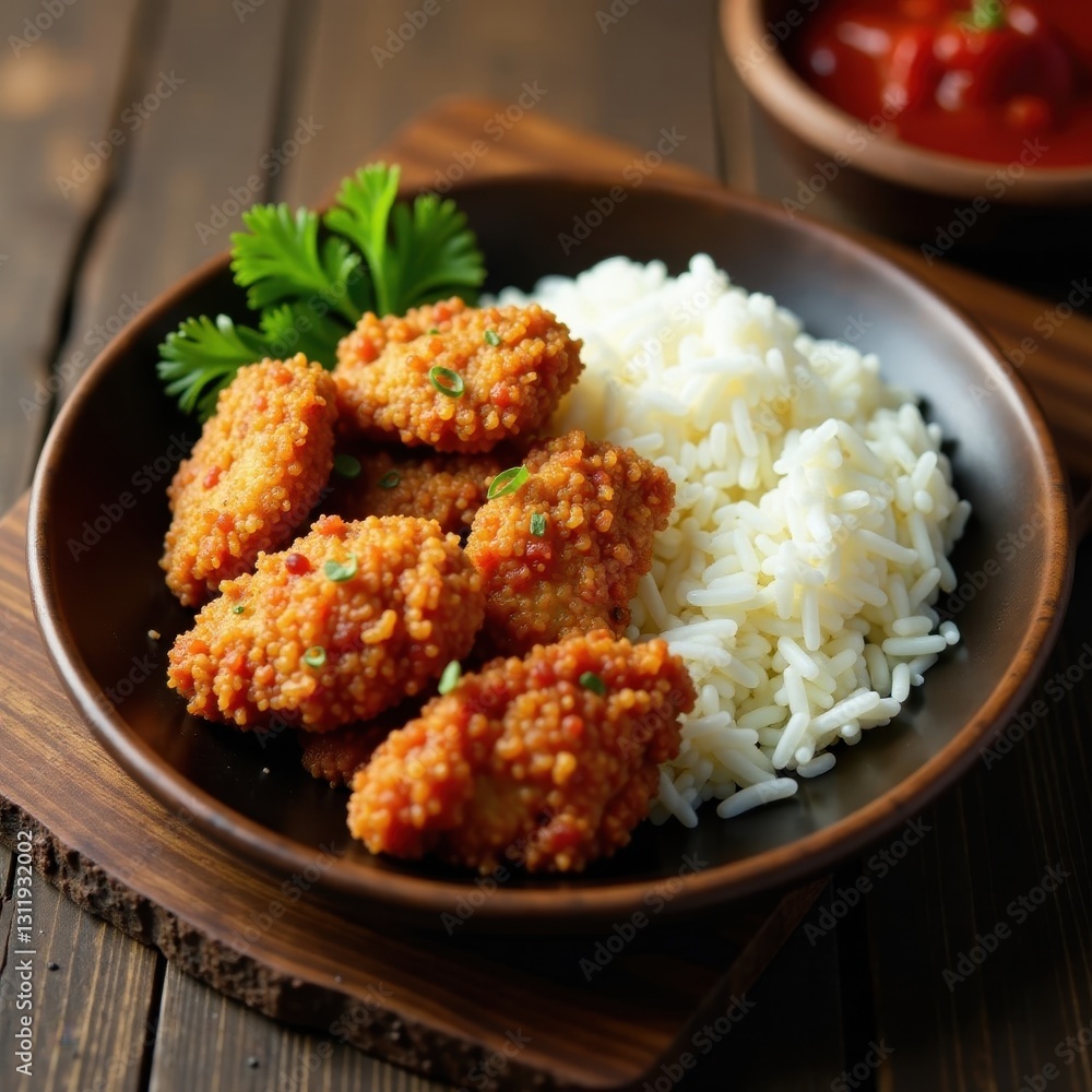 Crispy chicken, vibrant rice, rustic wooden setting, steam, chicken rice Crispy chicken, vibrant rice, rustic wooden setting, steam, chicken rice