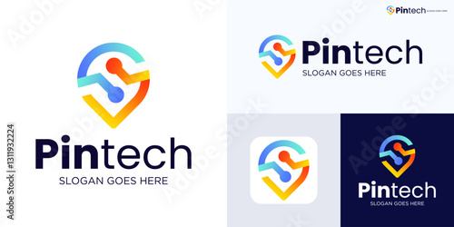 Pin location logo combine with dot or point technology logo design , Suitable for Tech Logo, Electronics, Digital, Software, Developer, Simple guide tech logo colorful design illustration inspiration.