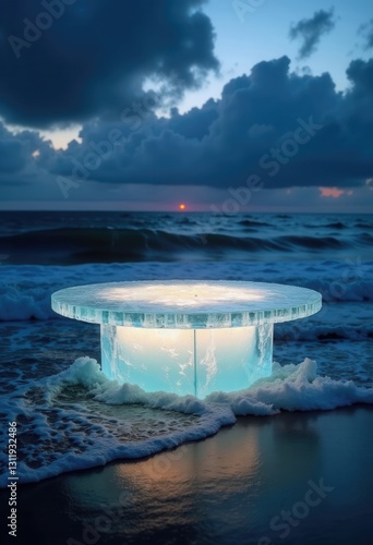 AI Generated Futuristic Luminous Object by Ocean Waves for Social Media Ads, Product Display, and Digital Marketing
