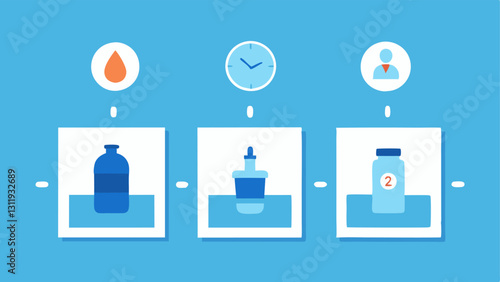 Water Reminder Animation A series of small frames depicting a user receiving reminders throughout the day with icons of water bottles and clock hands showing different times.